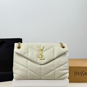 Saint Laurent Off-White Quilted Shoulder Bag with Gold Chain